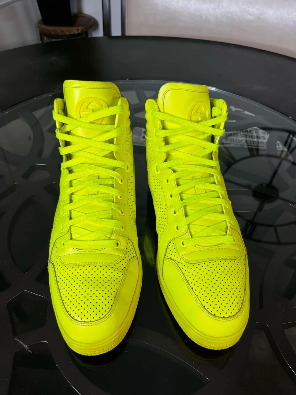 Gucci Coda Giallo Fluo Neon Yellow High-Top Sneakers Sz 14.5